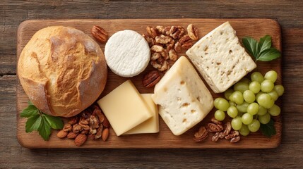 Fresh Artisan Bread and Assorted Cheeses with Nuts and Grapes on Rustic Wooden Surface for Culinary Display or Gourmet Restaurant Menu