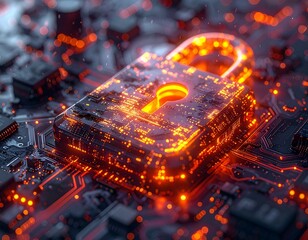 Glowing orange padlock on circuit board—surrounded by microchips and digital pathways—evokes crafted vigilance, symbolic encryption, and the rhythm of cybersecurity, control, and digital trust.