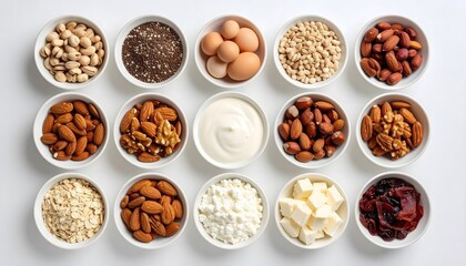 Overhead View of Assorted Healthy Foods in White Bowls on White Surface