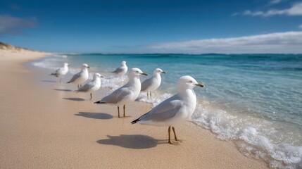 Fototapeta premium Seagulls Standing on Shoreline by Calm Ocean Waves Under Clear Blue Sky on a Quiet Beach during Daylight Hours in Natural Coastal Environment