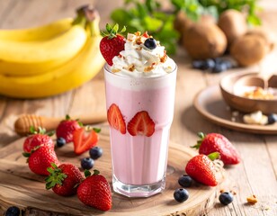 Pink smoothie in tall glass, garnished with whipped cream, strawberries, and nuts, surrounded by fresh fruit on wooden surface
