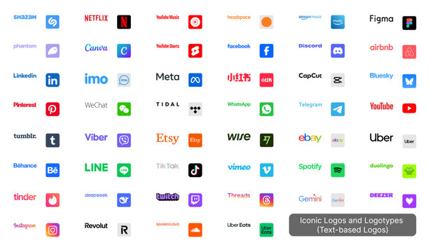 Modern social media and app logotypes collection.
Flat design logos of popular global digital platforms.