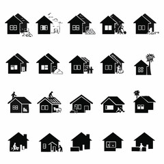 A comprehensive collection of graphic icons illustrating various aspects of home ownership, including construction, renovation, repair, and daily maintenance tasks.
