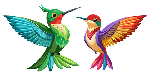 Fototapeta premium Two brightly colored hummingbirds in flight with wings outstretched on white background