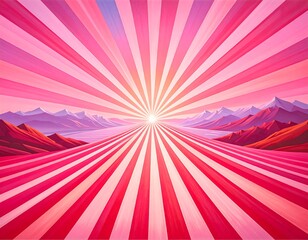 Pink sunburst radiating from a central point, leading the eye down a path between mountains to a distant horizon