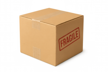 Cardboard delivery box with fragile stamp, representing shipping, packaging, and parcel logistics on transparent background
