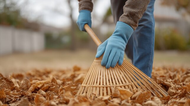Person using wooden rake to gather dry leaves in a residential garden during autumn season, showcasing seasonal outdoor chores and gardening activities