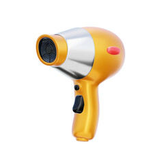 Stylized Golden Hair Dryer with Silver Nozzle and Black Buttons Isolated on Transparent Background for Beauty and Styling