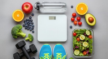 Healthy lifestyle flat lay featuring digital scale fruits vegetables dumbbells and water bottle illustration