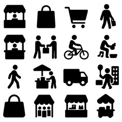 Market Scene Icons: Set of simple black silhouettes representing diverse activities in marketplace setting, Perfect for conveying the essence of commerce and the energy of a bustling market.