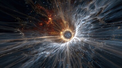 A dynamic and colorful abstract illustration depicts a celestial event, radiating outwards from a central point of immense energy.