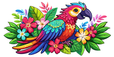 Obraz premium Vibrant cartoon parrot surrounded by tropical leaves and bright exotic flowers