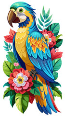 Obraz premium Vibrant macaw parrot sitting in a beautiful display of tropical flowers