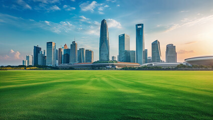 Business center skyscrapers with green grass foreground modern city skyline real estate concept