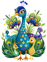 Obraz premium Cartoon peacock family with bright plumage and decorative leafy background illustration