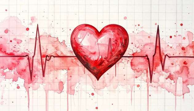 Watercolor heart pierced by ECG line—splashes of red and pink on faint grid—evokes crafted vitality, symbolic emotion, and the rhythm of life, fragility, and expressive pulse.