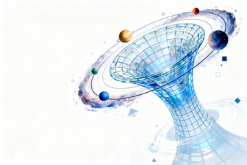 Abstract scientific visualization of a cosmic vortex with orbiting spheres and grid structure