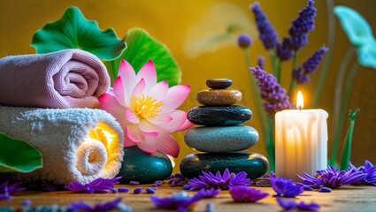 Spa background with zen stones towel and candle for meditation wellness harmony relaxation