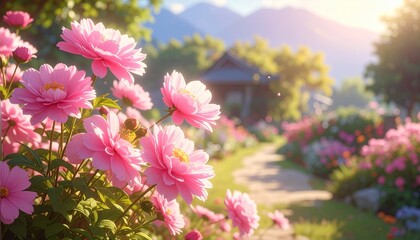 Garden path lined with blooming pink flowers—leading to cottage under golden sunlight with mountains beyond—evokes crafted peace, symbolic journey, and the rhythm of nature, home, and timeless wonder.