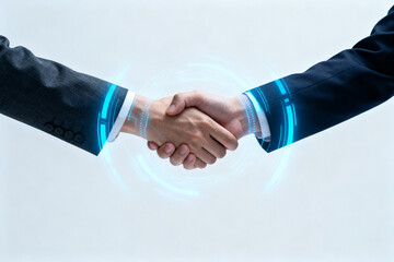 Two business individuals shaking hands with glowing blue technology accents on sleeves