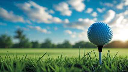 Golf ball on tee with green grass field under clear blue sky ideal for outdoor sports concept