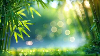 Fresh bamboo trees growing in dense green forest with blurred background