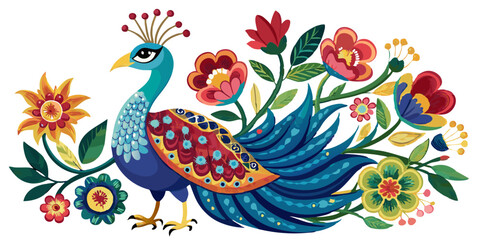 Fototapeta premium Colorful peacock surrounded by flowers creating a whimsical and vibrant illustration