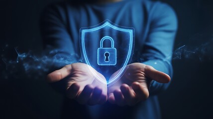 Man holding digital shield with padlock for cybersecurity protection