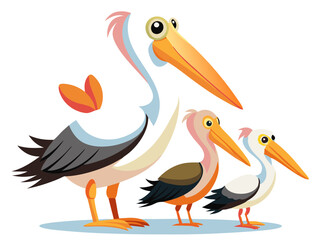 Obraz premium Cartoon Pelicans of Various Ages Posing Together on a Blue Surface