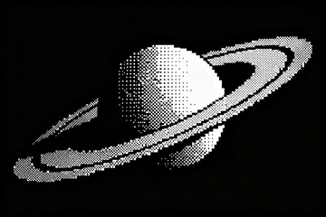 Pixelated representation of Saturn with its rings against a black background