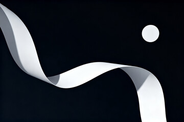 A flowing white ribbon curves gracefully against a dark background with a small circular highlight.