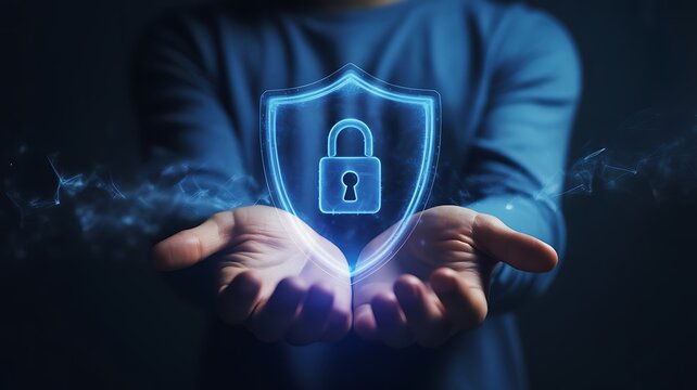 Man holding digital shield with padlock for cybersecurity protection