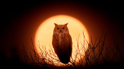 the full moon taken from behind tree branches, the silhouette of owl sitting on a branch in front of the moon.
