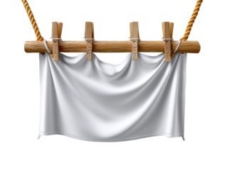 Hanging Cloth: A pristine white cloth is delicately suspended from a wooden rod with clothes pins, creating a simple, clean, and elegant display of minimalist design.