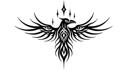 Obraz premium Tribal crow tattoo design combined with geometric patterns and sacred lines, modern minimal style, elegant black ink vector