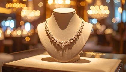 Elegant pearl and diamond necklace displayed on a mannequin in a luxurious setting