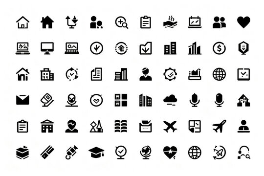 Collection of black silhouette icons representing various concepts including business, technology, communication, education, and global connectivity.