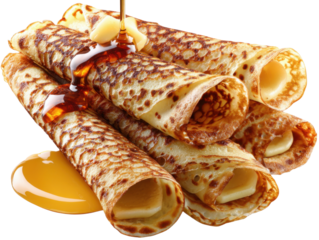 Rolled Crepes with Golden Drizzle: A stack of freshly-made, golden-brown crepes, delicately rolled and drizzled with a rich, inviting sauce, a true treat for the eyes and the palate.