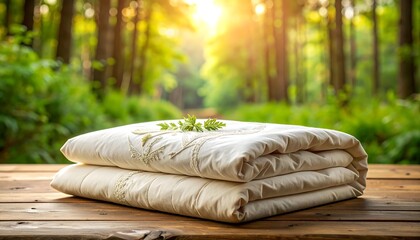 Folded cream-colored bedding rests on a wooden surface, with a blurred forest backdrop
