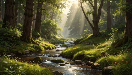 Obraz premium Stream flows through sun-dappled forest—mossy rocks, wildflowers, and tall trees bathed in golden light—evokes crafted stillness, symbolic renewal, and the rhythm of nature, breath, and quiet wonder.