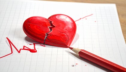 Cracked red heart on graph paper—linked to jagged ECG line drawn by red pencil, surrounded by liquid—evokes crafted ache, symbolic rupture, and the rhythm of emotion, fragility, and expressive pain.