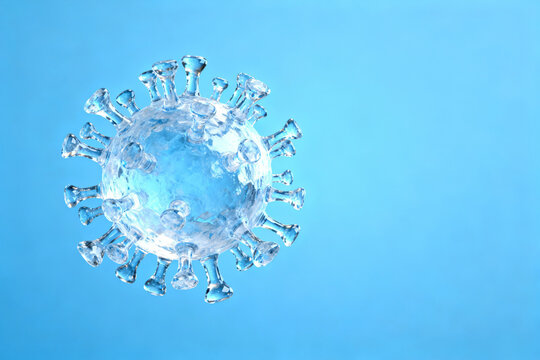Transparent virus particle with spike proteins against a blue background