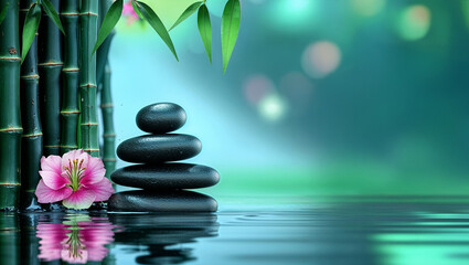 Zen stones with hibiscus and bamboo on water representing peace and wellness balance