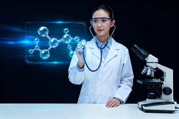 Scientist in lab coat holding stethoscope with molecular structure display and microscope