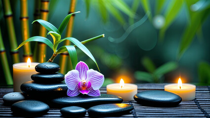 Zen stones bamboo and burning candle creating peaceful spa meditation wellness scene