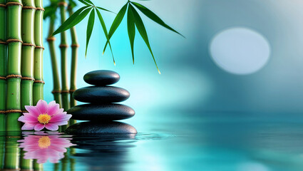 Obraz premium Zen stones with hibiscus and bamboo on calm water peace wellness relaxation spa