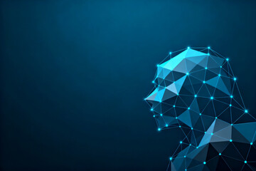 Abstract digital human head composed of connected nodes and geometric shapes on a dark blue background
