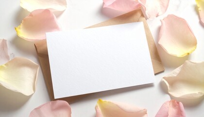 Blank white card surrounded by scattered pink rose petals—soft lighting and romantic setup—evokes crafted intimacy, symbolic invitation, and the rhythm of affection, memory, and gentle expression.