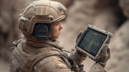 Female soldier using portable tablet device outdoors in military environment for communication and tactical operations in sandy terrain