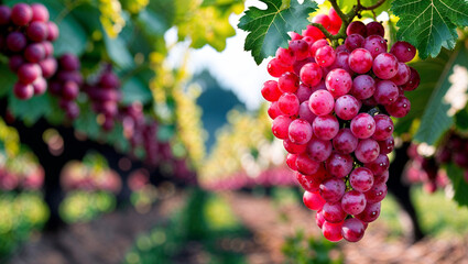 Vineyard with red grapes hanging on vine natural agriculture harvest season